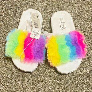 rainbow fur sandals